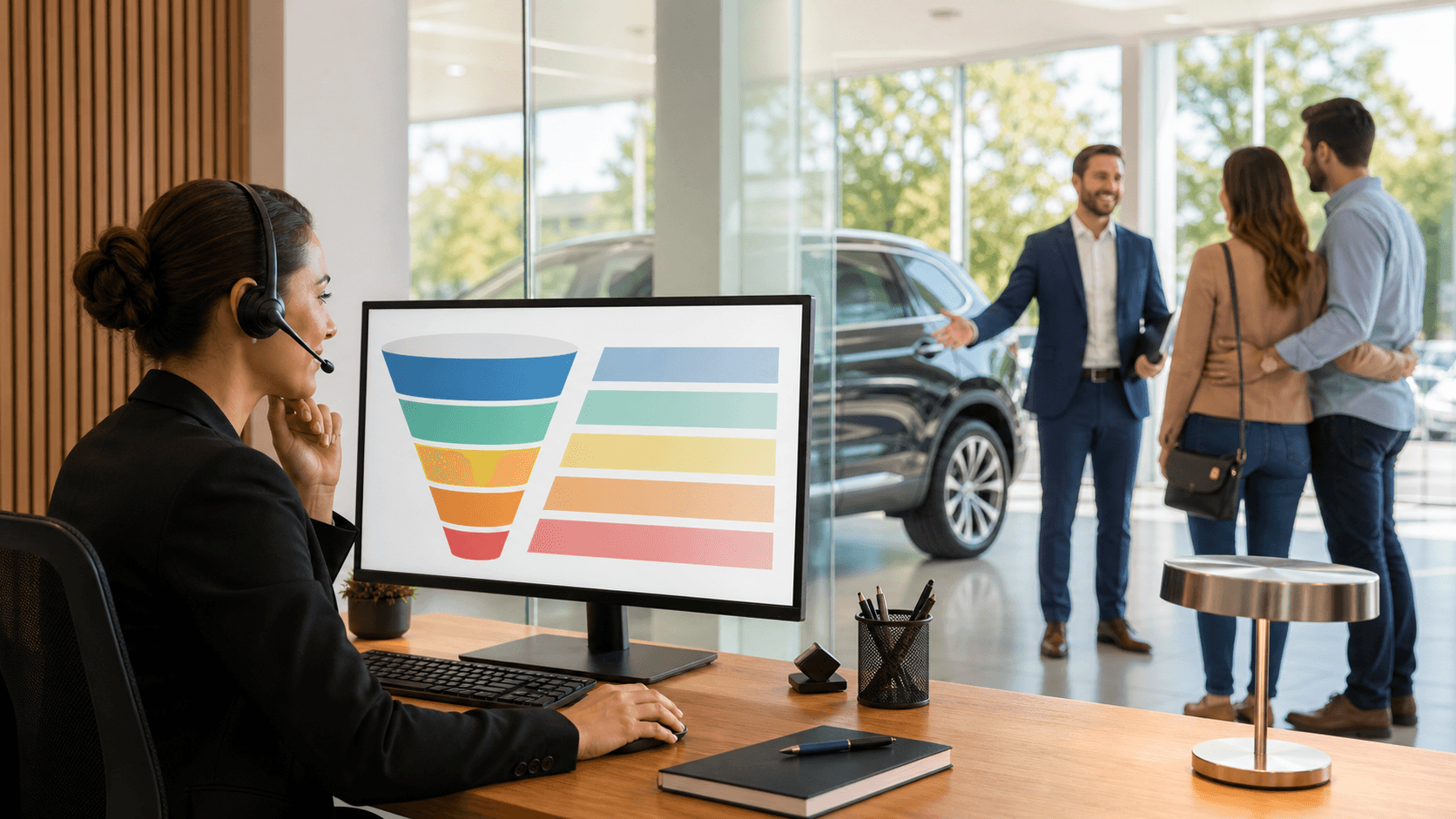 Frustrated salesman at a desk faces a red downward graph beside a glowing blue digital dashboard.