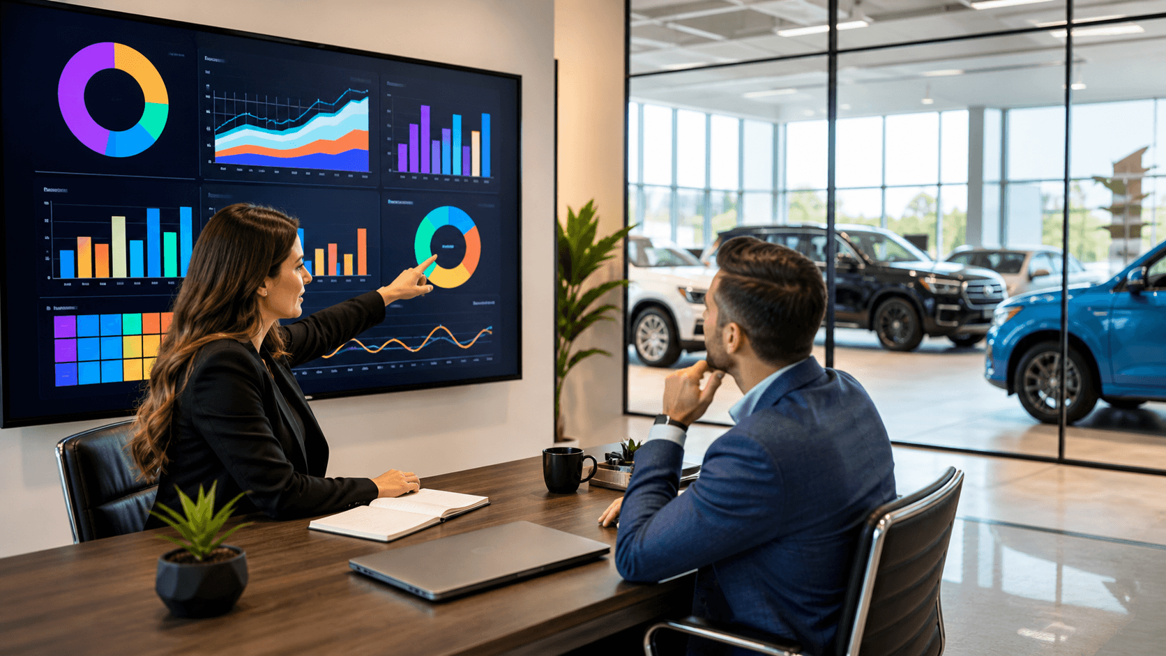 Blue automotive data dashboard with a silver car silhouette, glowing charts, and connected database icons.