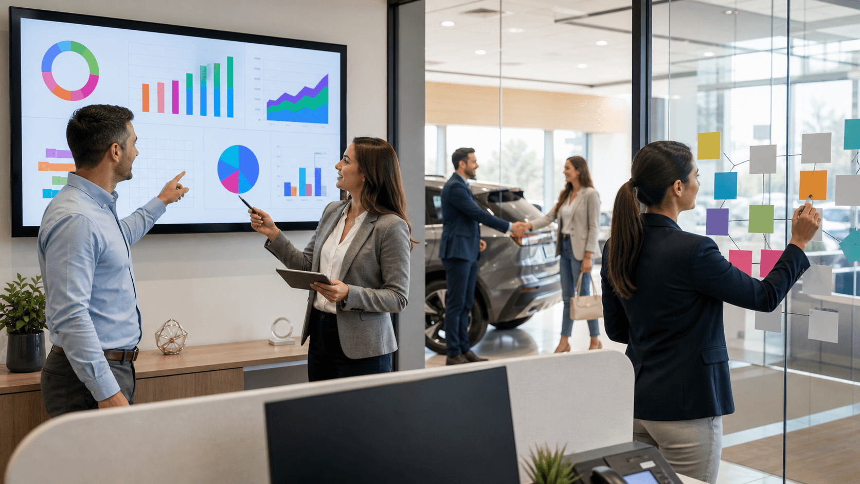 Blue dealership analytics dashboard with glowing charts, vehicle icons, and layered attribution funnel graphics.