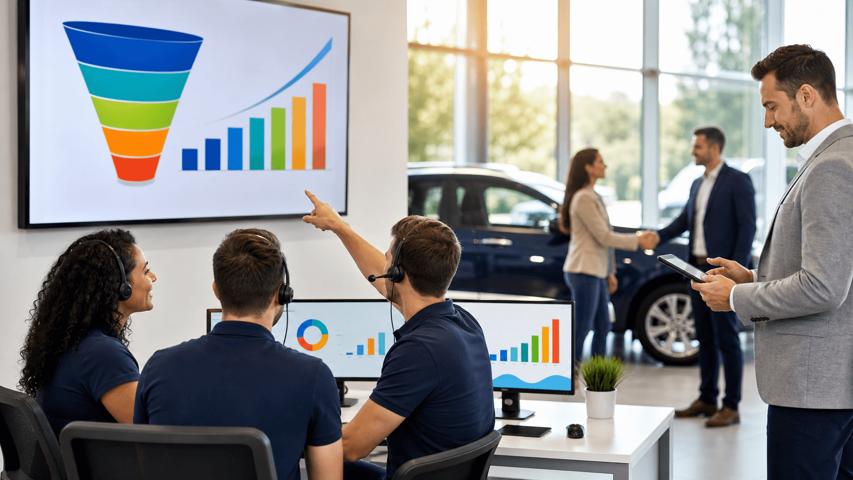 Abstract blue and orange dashboard graphic with phone icon, rising funnel bars, and 30/60/90 timeline blocks.