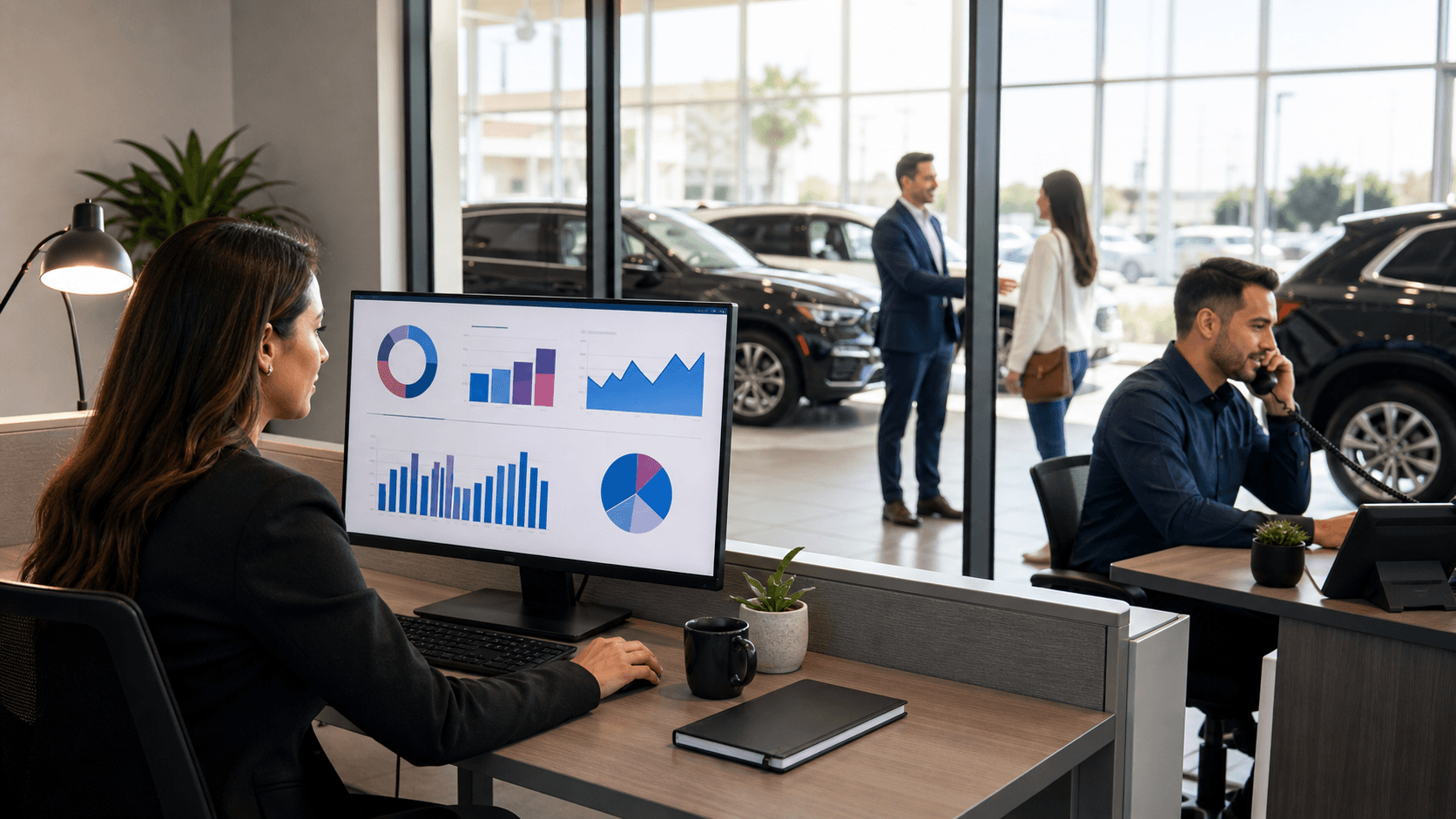 Blue dealership analytics dashboard with rising charts, car icons, and glowing revenue figures on a dark background.