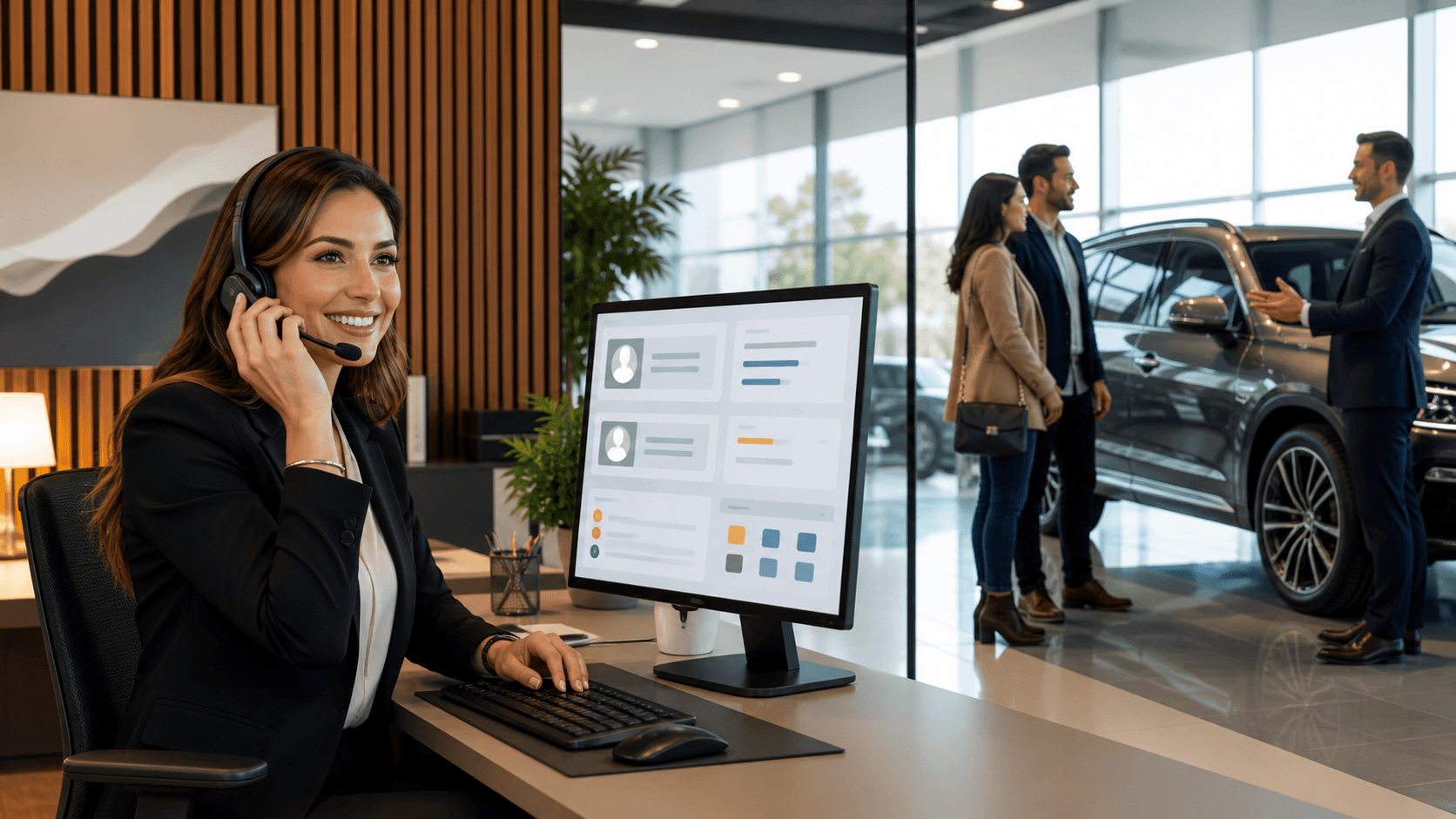 Sales team reviews customer data on laptop screens beside a red car in a bright modern showroom.