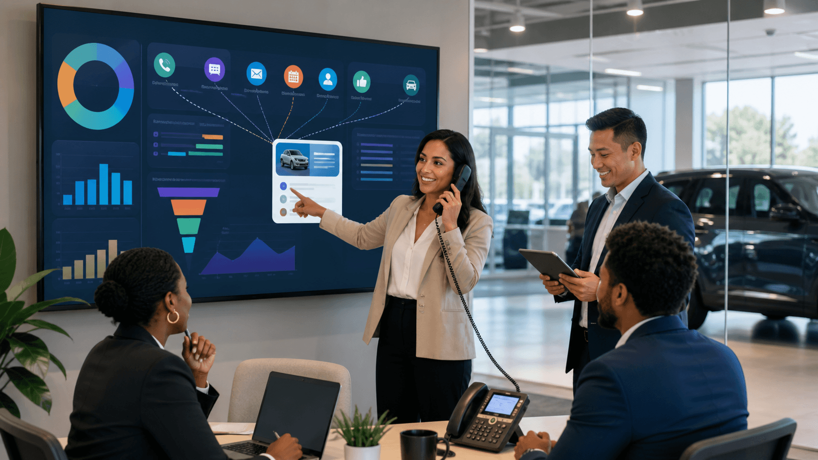 Glowing blue CRM dashboard with connected touchpoint icons and rising revenue charts on a dark background.