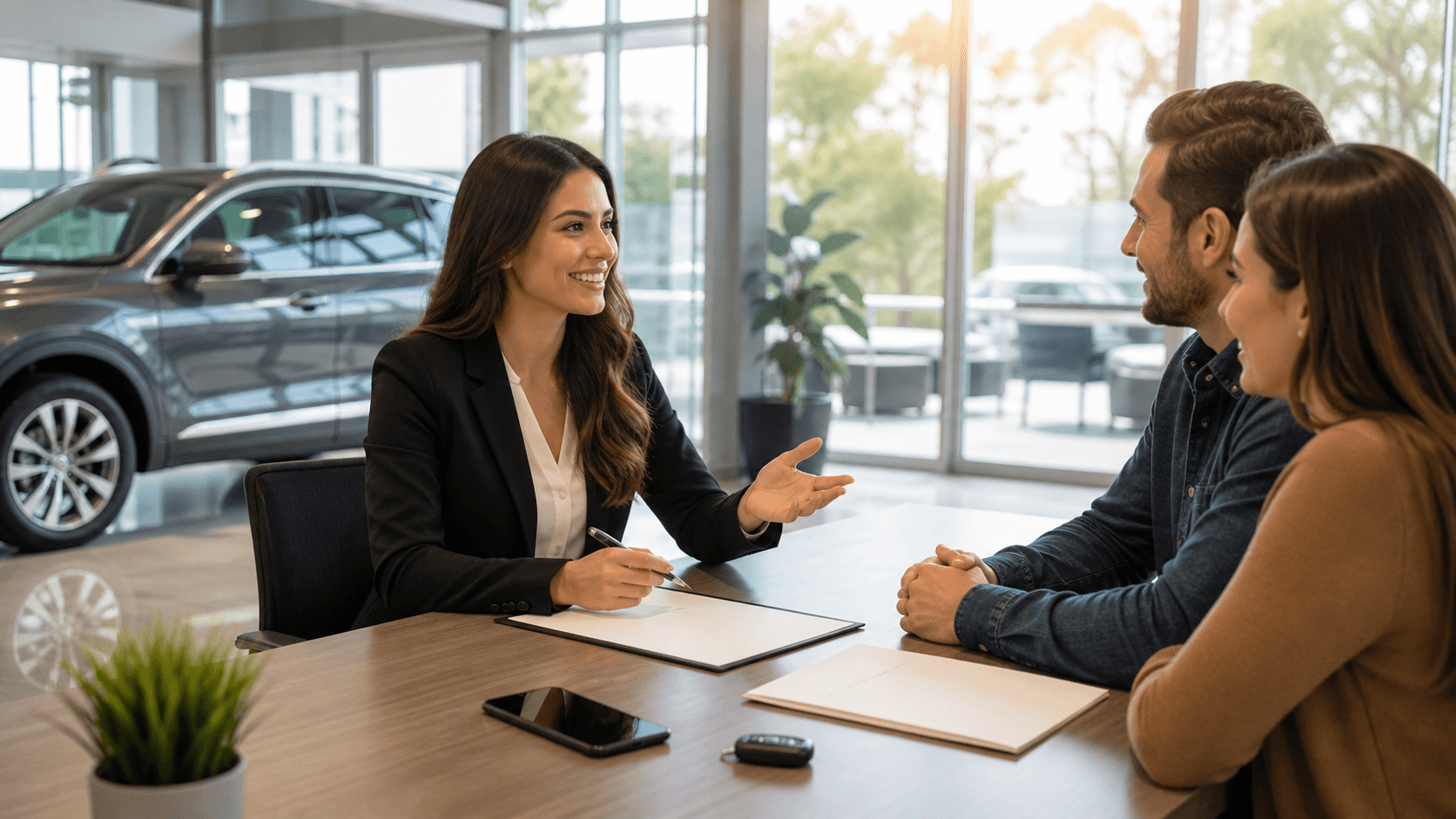 Salesperson reviews pricing and trade-in details on a laptop beside car keys in a bright dealership office.