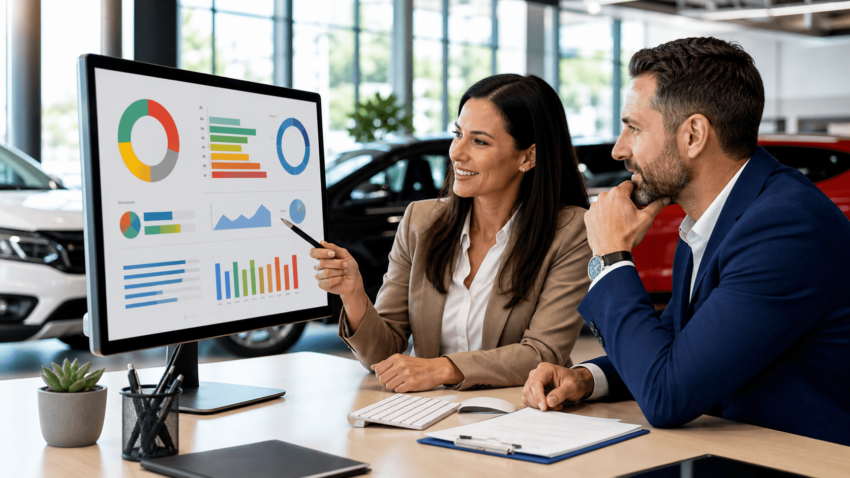 Blue digital dashboard with lead score bars, payment icons, price tags, and green profit line chart.