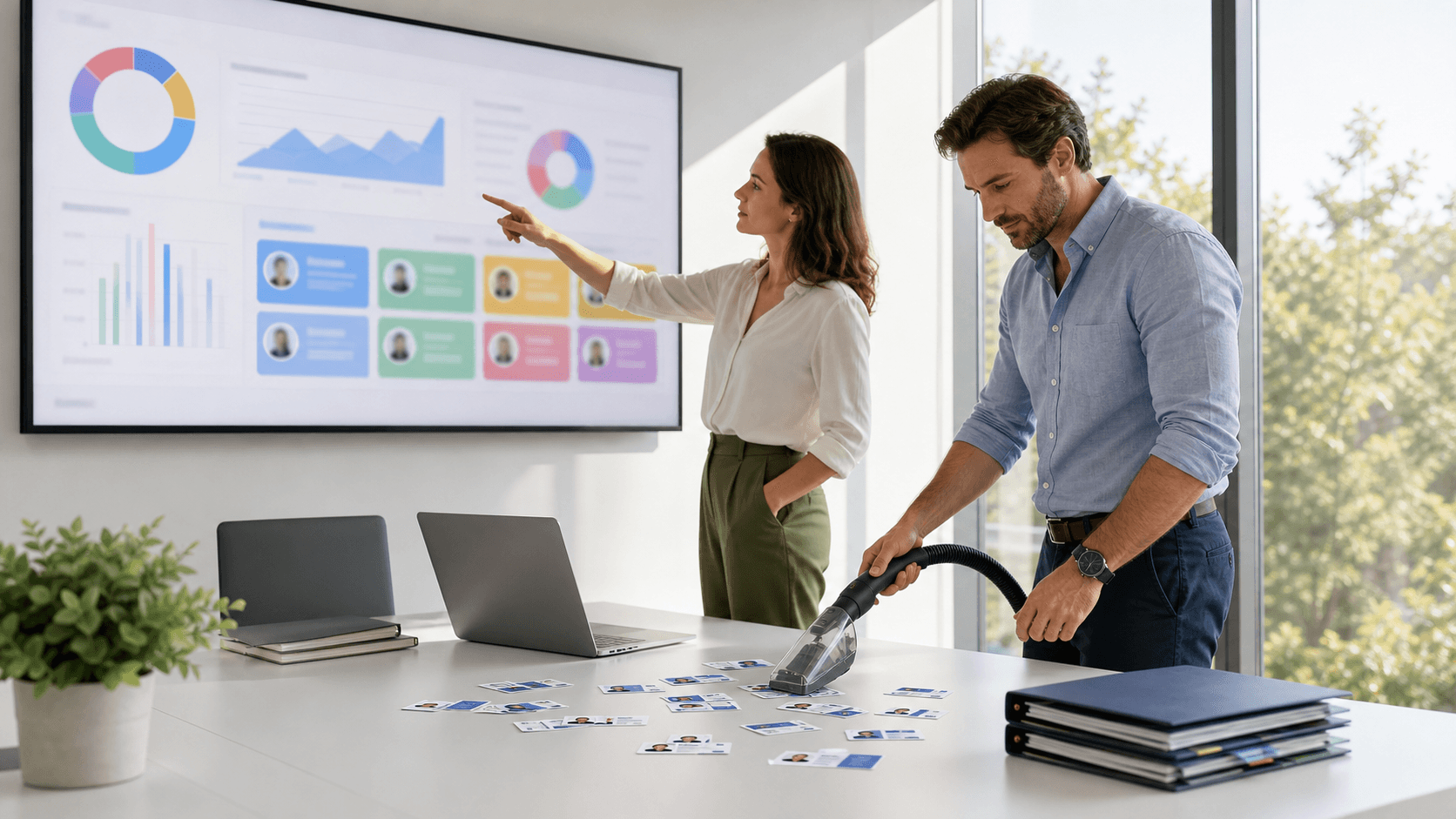 Abstract CRM dashboard with clean blue and white charts, a refresh arrow, and sparkles on a light background.