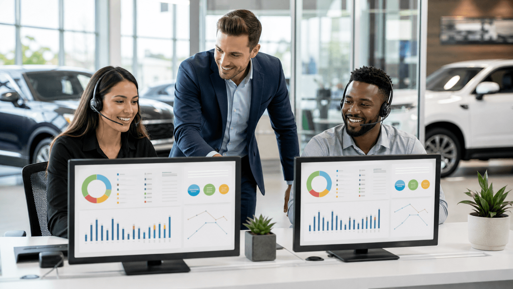 Two professionals compare dashboards across a conference table, divided by a subtle blue glass partition.