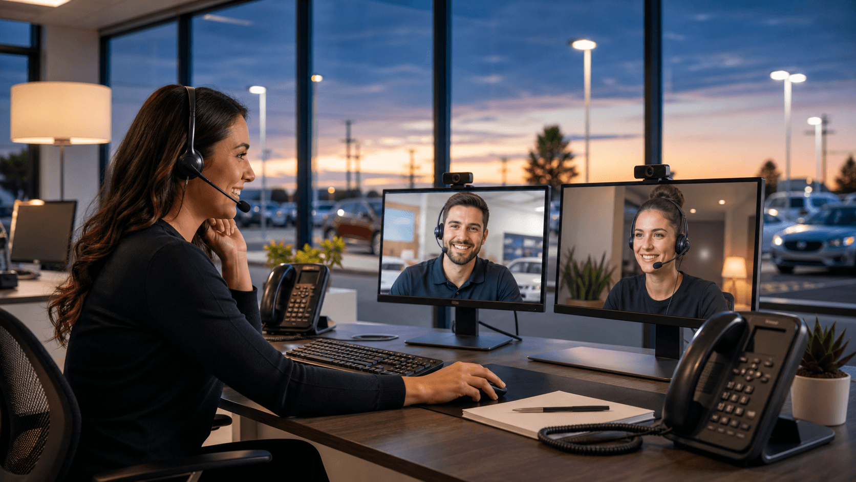 Split-screen office scene with daytime in-house team and nighttime remote agents handling customer calls.