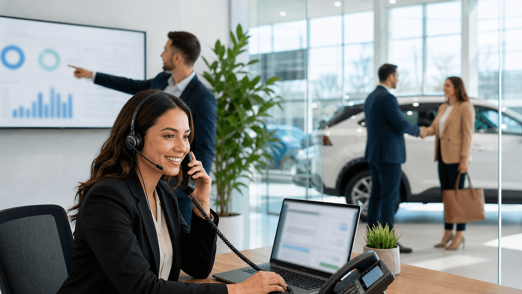 Neon-lit car showroom interior with a smartphone showing missed call alerts, sales desk and vehicles in soft focus.