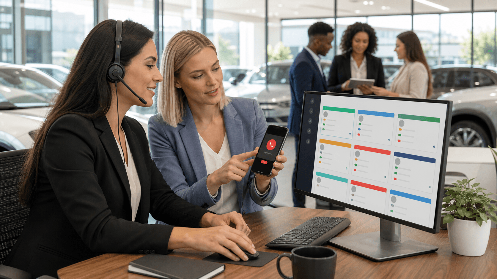 Glowing CRM dashboard with red missed-call alerts, phone icons, and blue data panels on a dark background