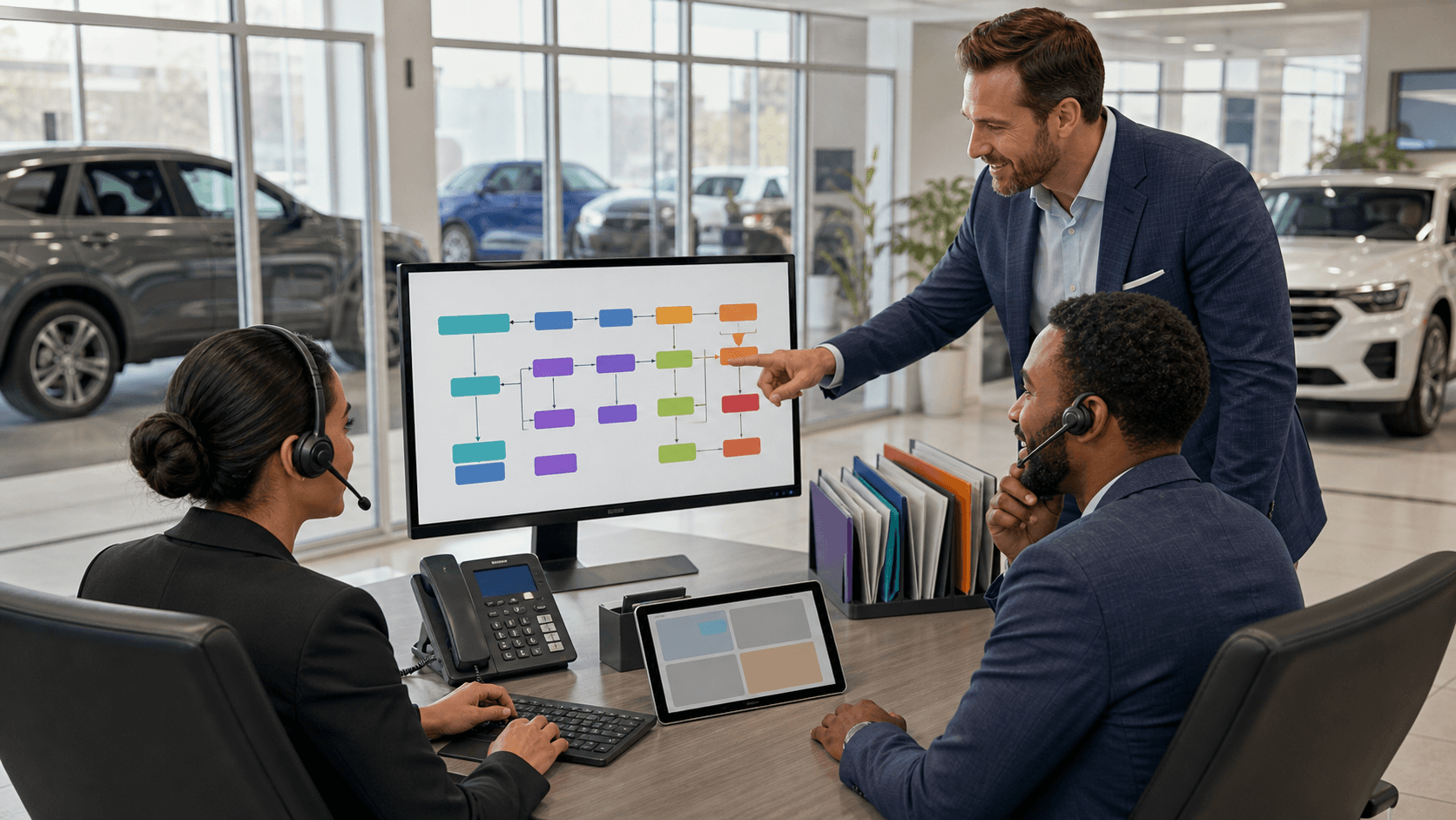 Split-screen dealership call center dashboard with red SLA alerts, headset agent, and CRM access error message.