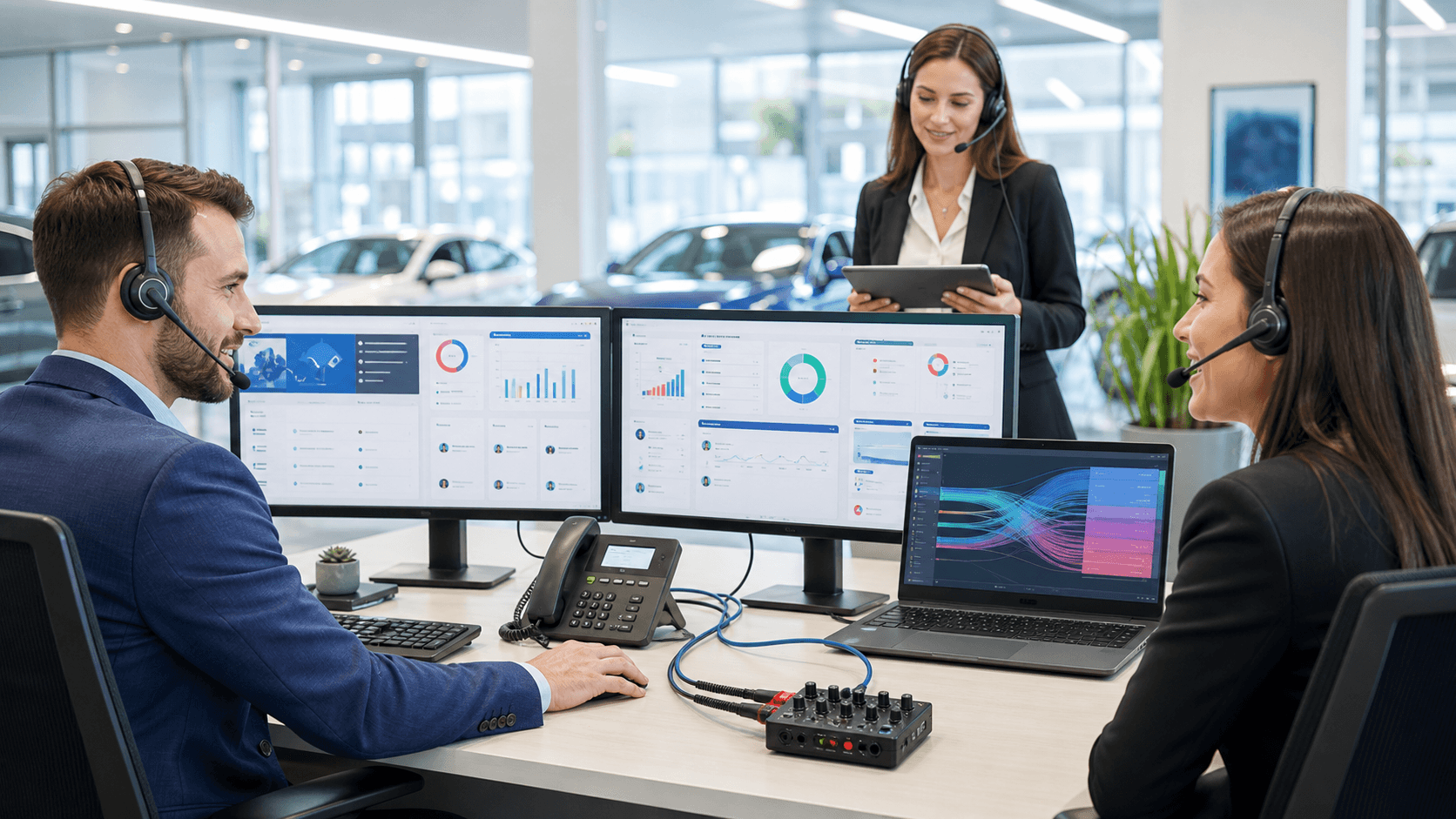 Modern office scene with headset agent at laptop beside floating CRM dashboard icons, blue-gray tones, soft lighting.