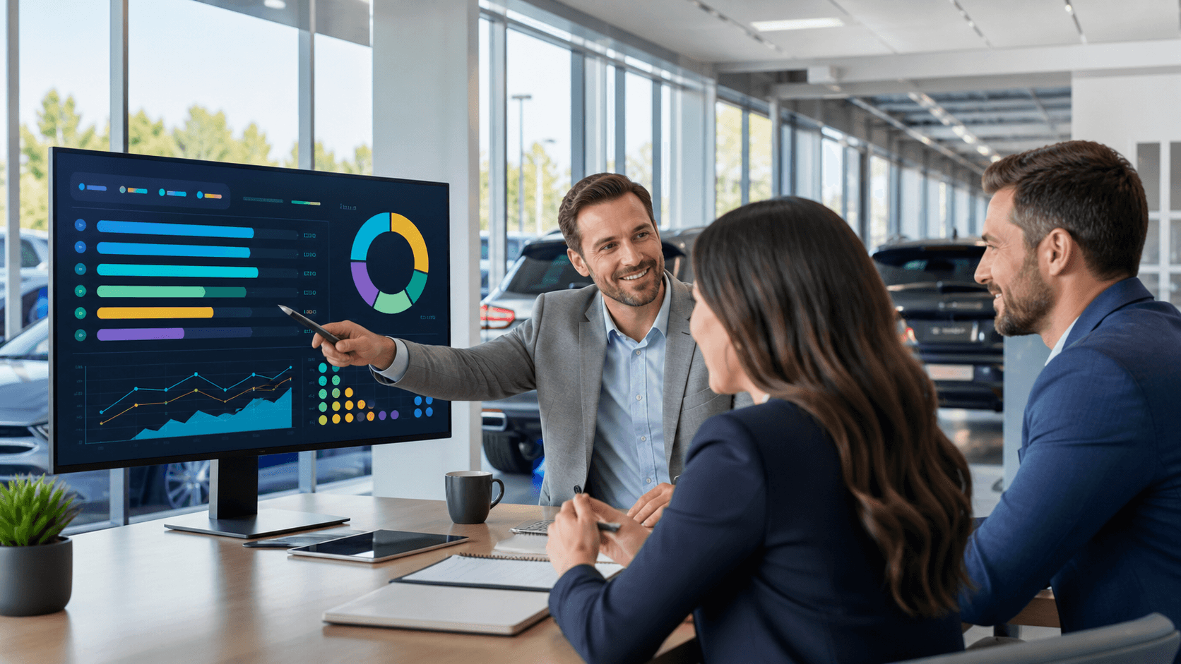 Blue-toned dashboard with monthly bar charts, forecast lines, and a glowing database icon on a dark background.