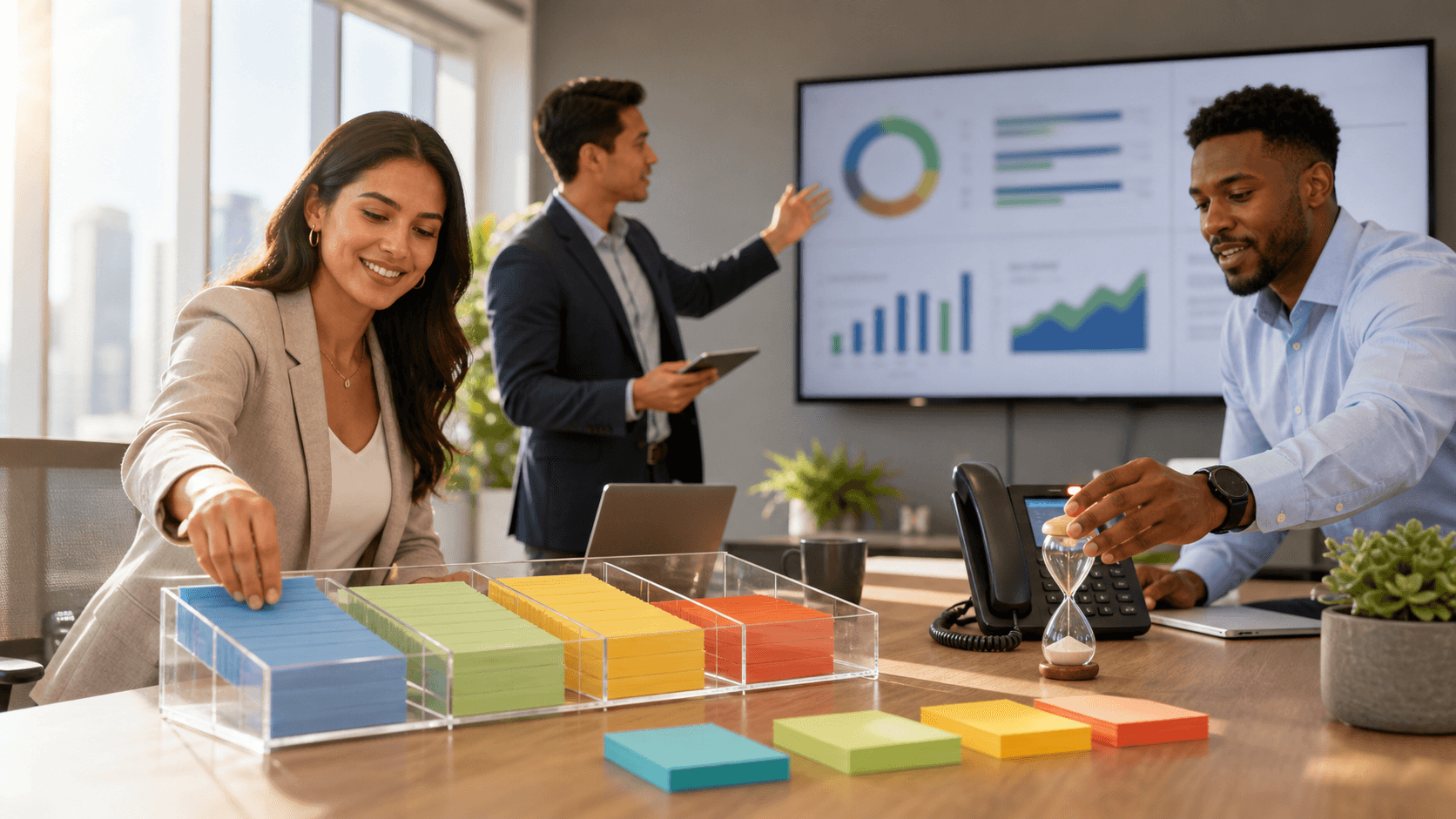 Blue-toned dashboard illustration with a checklist, timer icon, and stacked inbox trays under soft gradient lighting.
