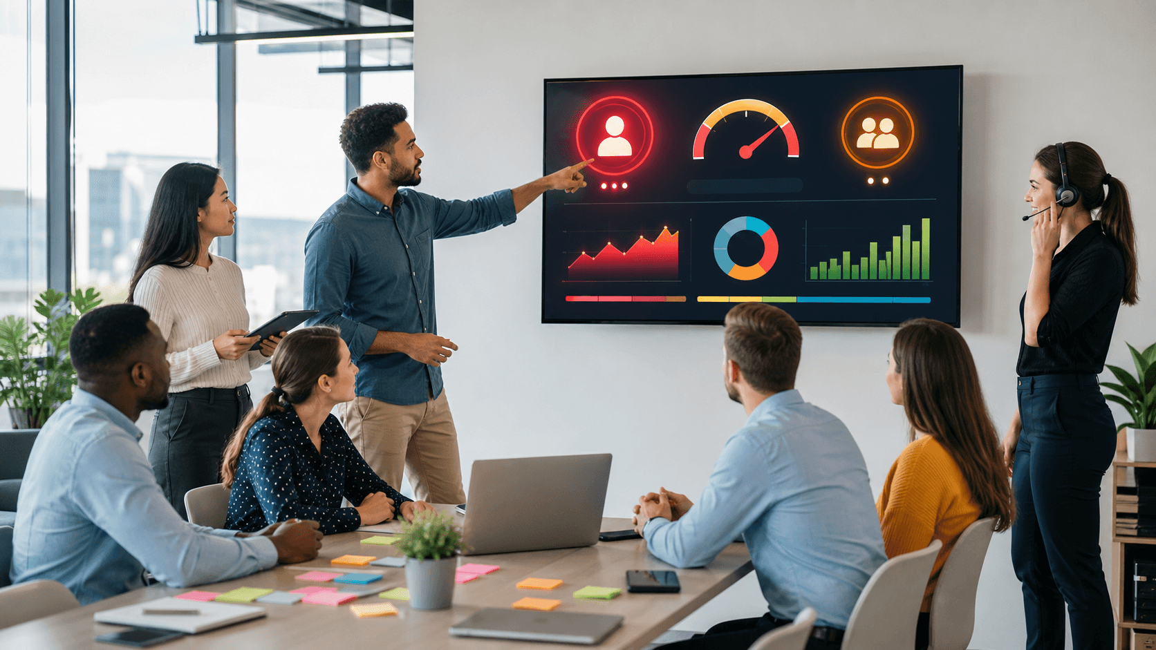 Dashboard-style illustration with blue charts, intent signal icons, and colored arrows routing leads to team avatars on white background