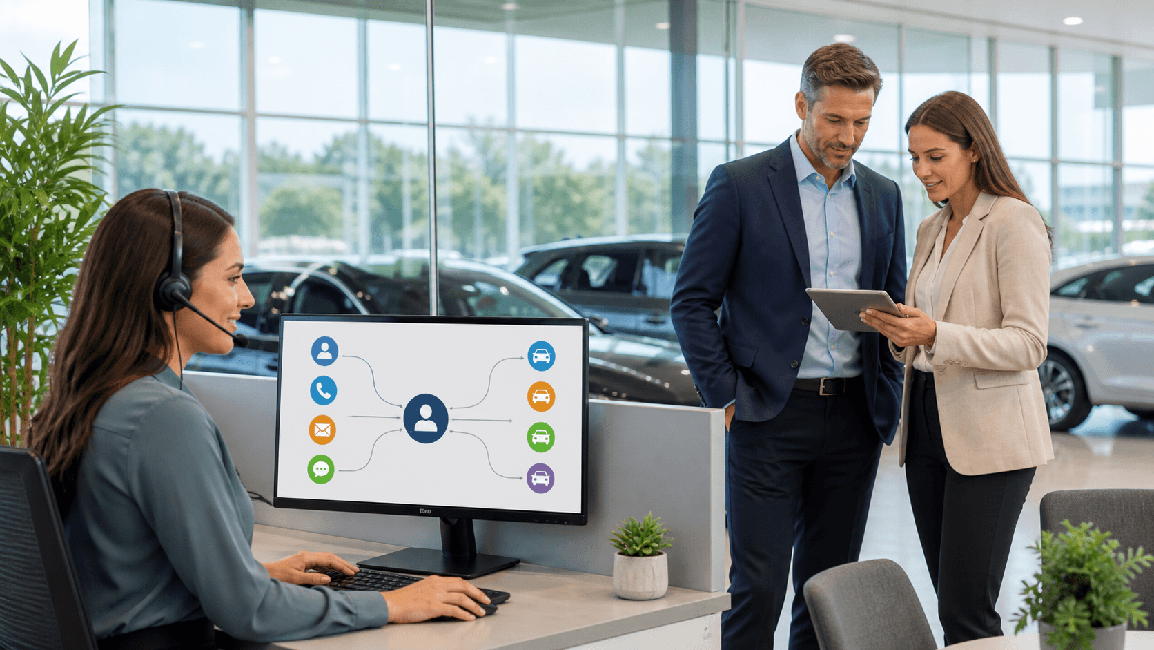 Split-screen dealership office with glowing digital question marks and a sales agent at a computer.