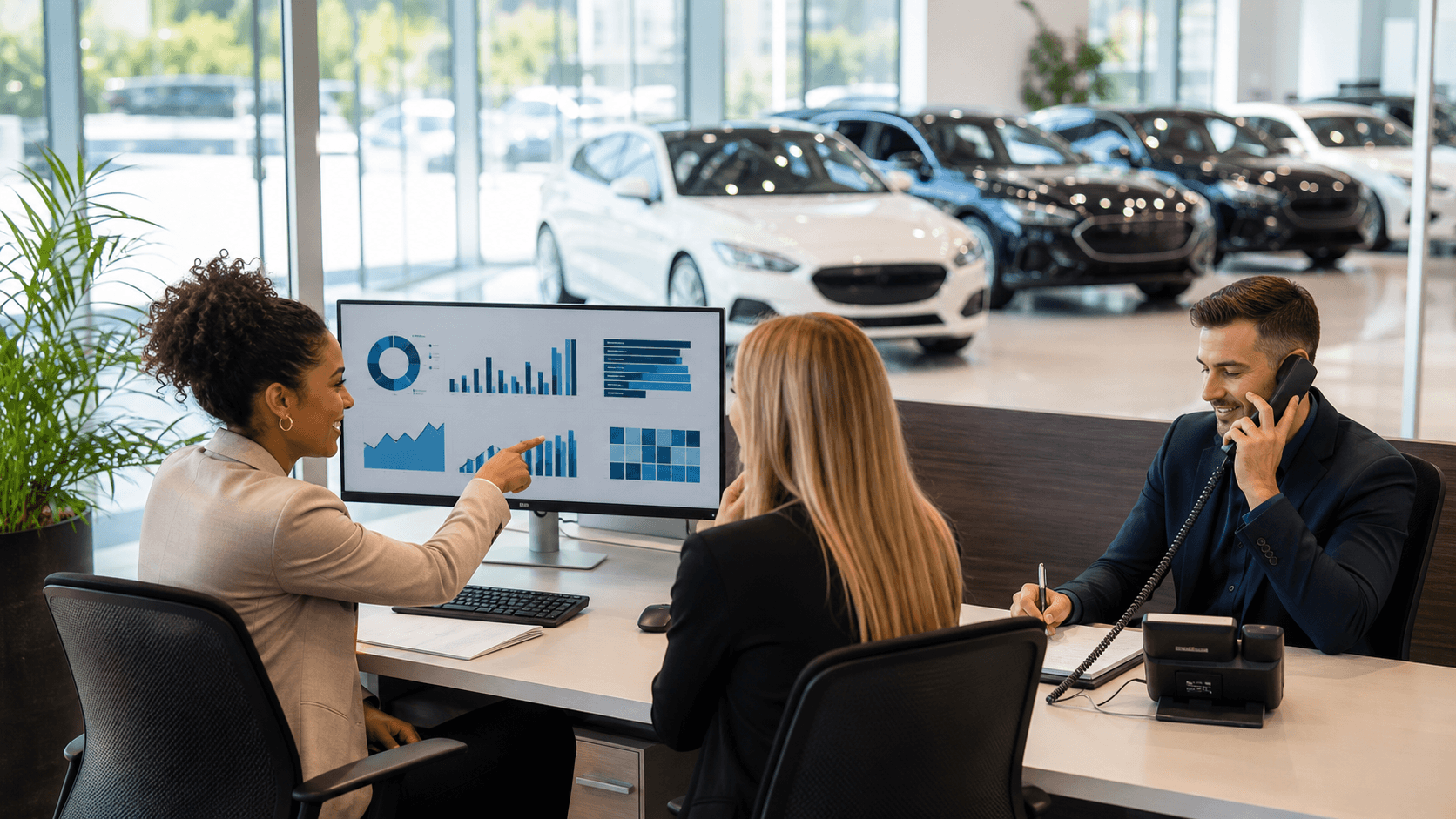 Car salesperson studies declining red line graph on a laptop beside a parked white sedan in a dim showroom.