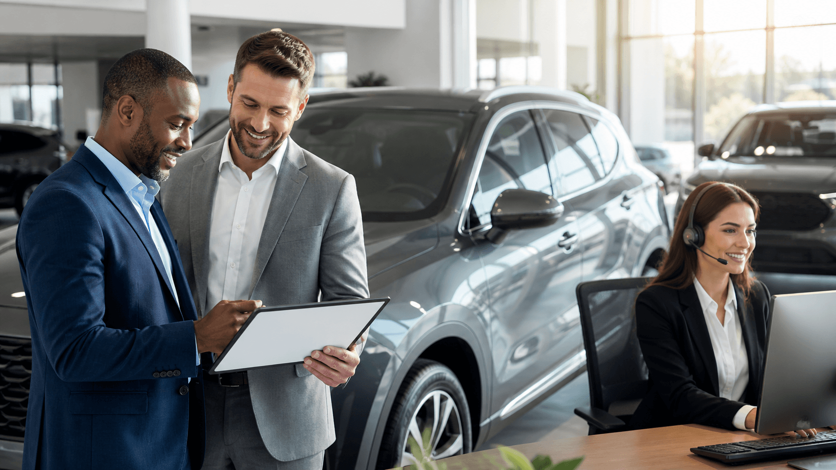 Businessman studying dealership performance charts on a laptop beside a red car in a bright showroom.
