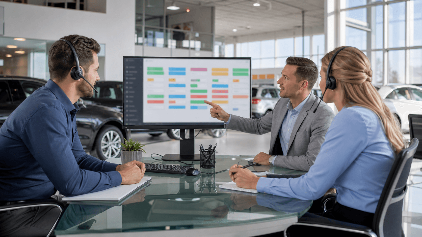Salesperson reviews lead data on a laptop beside a glowing phone in a modern car dealership office.