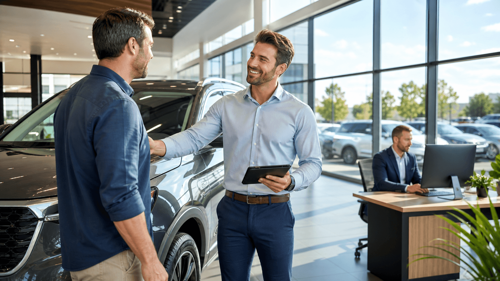 Blue-toned digital dashboard with car icons, customer profiles, and rising revenue charts on a dark background.