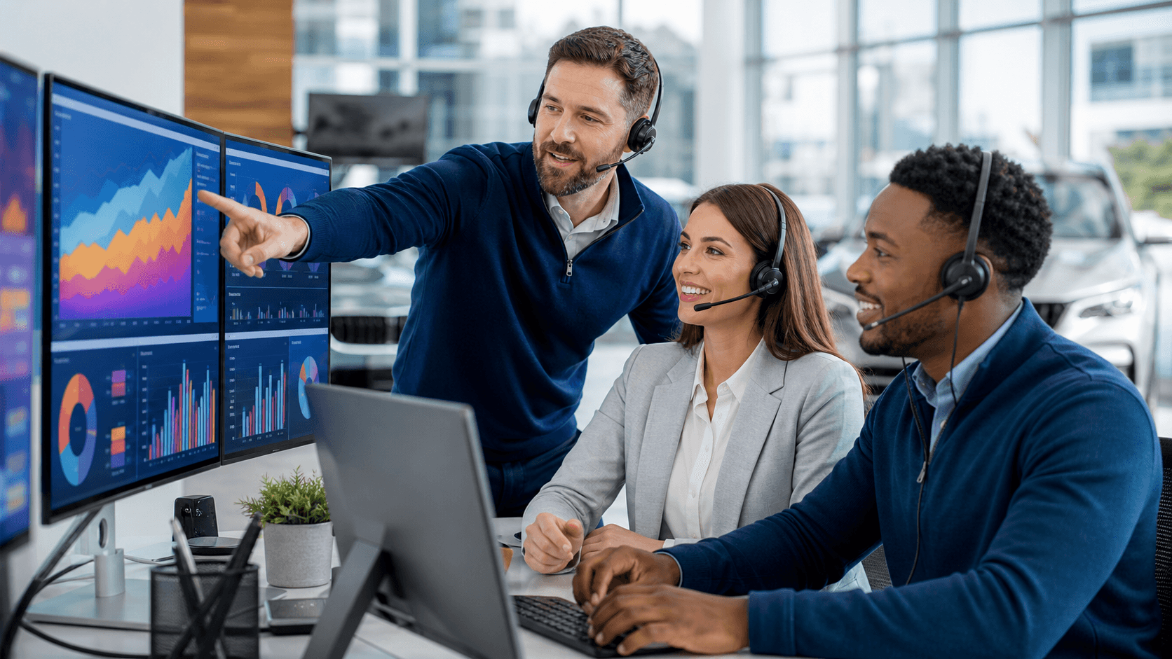 Blue dashboard with rising charts, a 30-day calendar, and a headset icon on a dark gradient background.