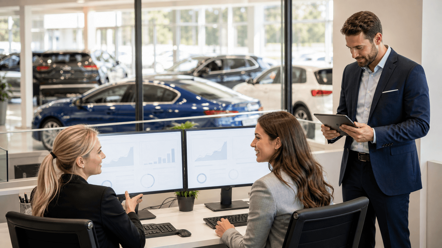 Glowing blue CRM dashboard overlays a car dealership showroom with charts, customer icons, and warm interior lighting.