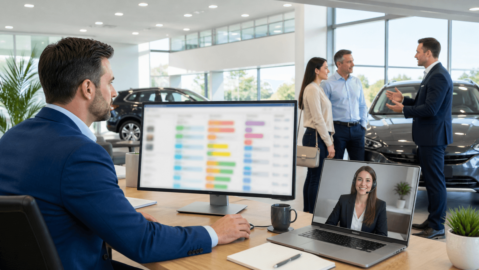 Car dealership showroom with a stressed manager reviewing lead charts on a laptop under red warning icons.