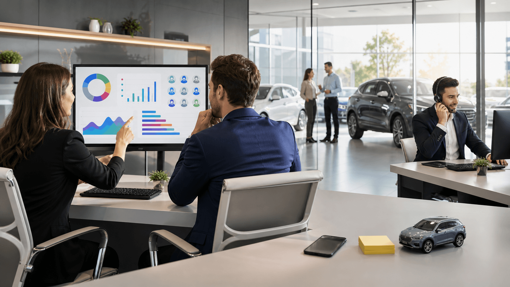 Glowing blue dashboard with rising revenue graph over a car dealership silhouette on a dark gradient background.