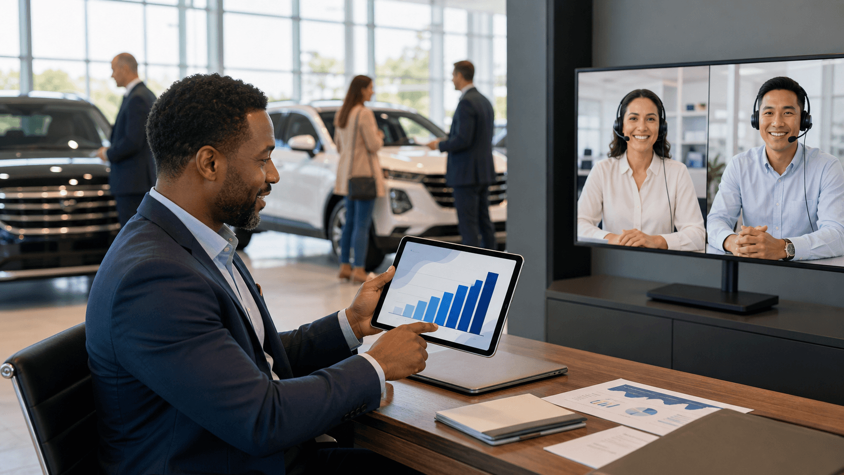 Blue-toned dealership office scene with glowing sales charts, headset agents, and a car showroom in the background.