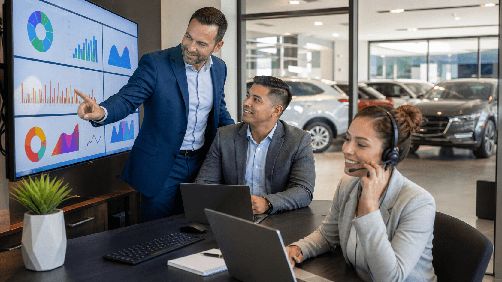A glowing car dealership showroom with customer data charts floating above a row of vehicles.