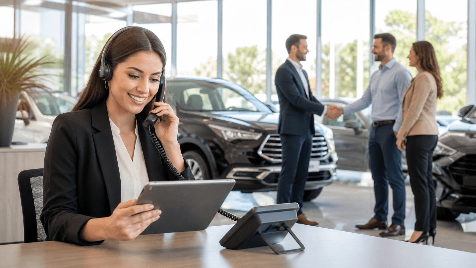 Car salesperson in a bright showroom speaks on a phone beside a desk with a laptop and car keys.